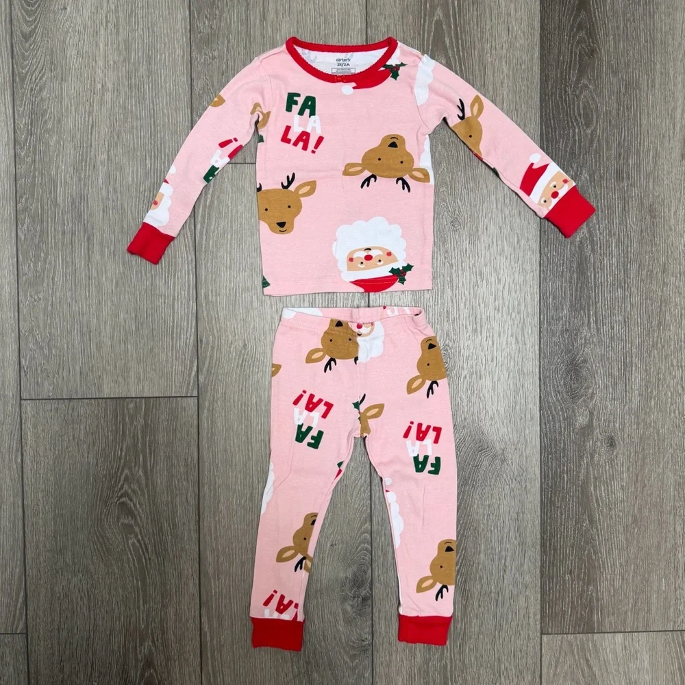 CARTERS 2PC CHRISTMAS SNUG FIT LONG SLEEVE AND PANTS PJ SET SANTA PINK 2T